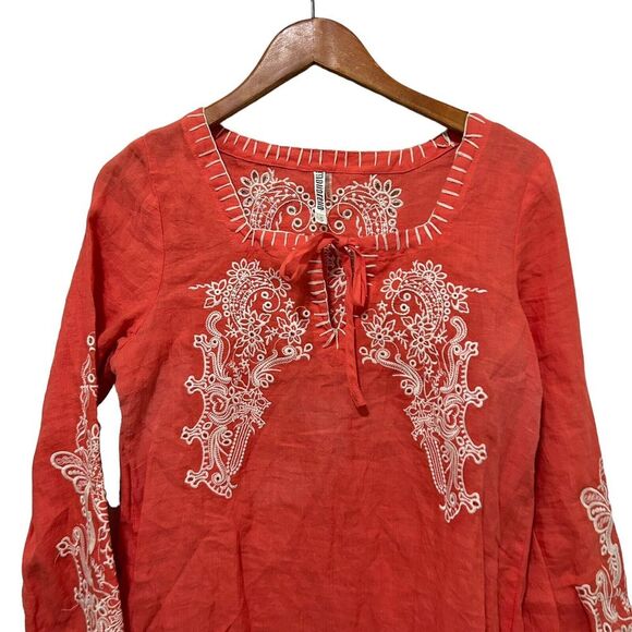 Monoreno Embroidered  100 % Linen Peasant Blouse Long Sleeve Salmon Red Small - Picture 2 of 15